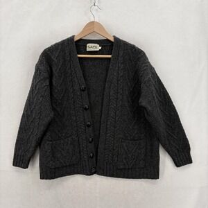 SAOL Cardigan Sweater Women's XL Gray Merino Wool Cable Knit Ireland Heavyweight